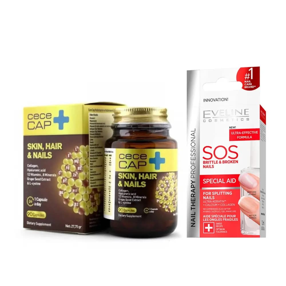 Cecemed Cececap Skin Hair Nails 90 Kapsül & Eveline SOS Tırnak Losyonu 12 ml HEDİYE
